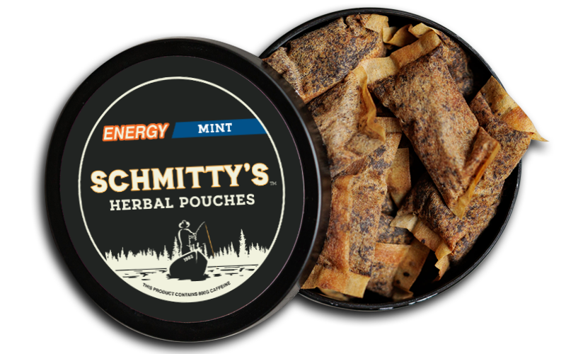 An open round black tin of Schmitty's Herbal Pouches showing the minty herbal pouches inside, with the branded lid placed beside it on a white background.